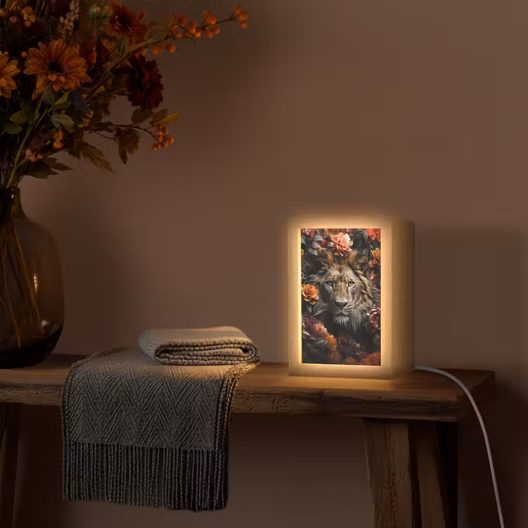 Leeuw - Dier - Natuur - Bloemen - Botanisch Light Box met kabel (Tafellamp) klein -sfeer4