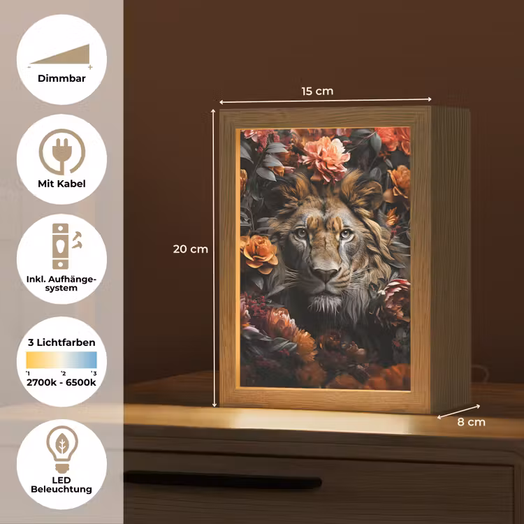 Leeuw - Dier - Natuur - Bloemen - Botanisch Light Box met kabel (Tafellamp) klein -USP_DE