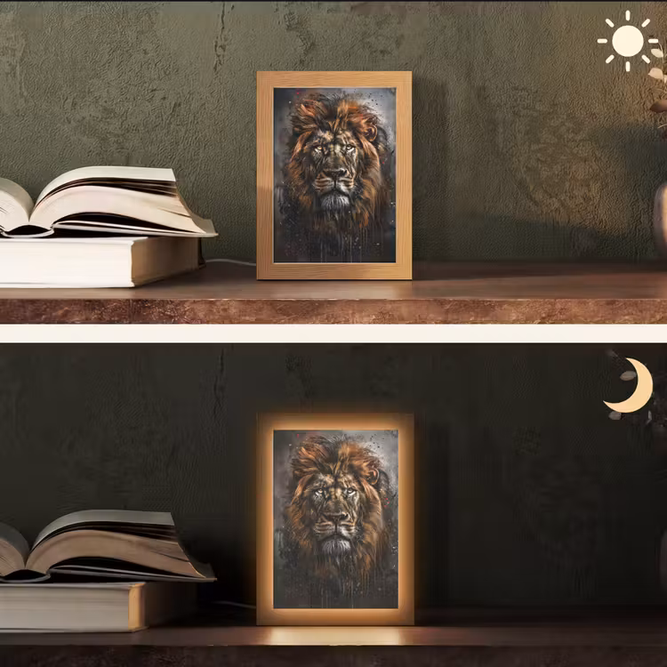Leeuw - Dieren - Portret - Zwart - Luxe Light Box met kabel (Tafellamp) klein -sfeer3