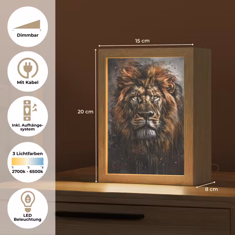 Leeuw - Dieren - Portret - Zwart - Luxe Light Box met kabel (Tafellamp) klein -USP_DE