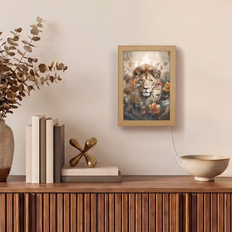 Leeuw - Wilde dieren - Planten - Natuur - Bloemen Light Box met kabel (Tafellamp) klein -sfeer2