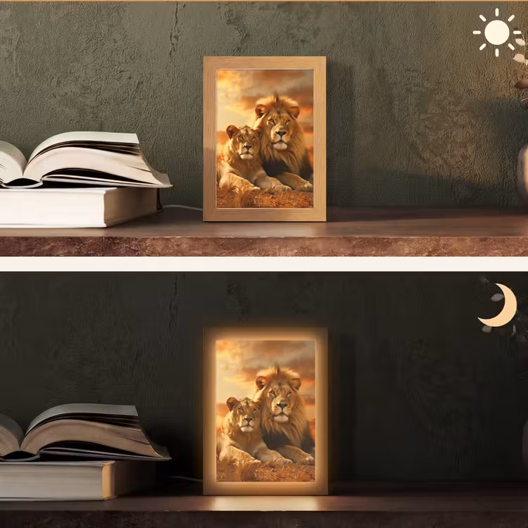 Leeuwen - Zonsondergang - Afrika - Savanne - Dieren Light Box met kabel (Tafellamp) klein -sfeer3