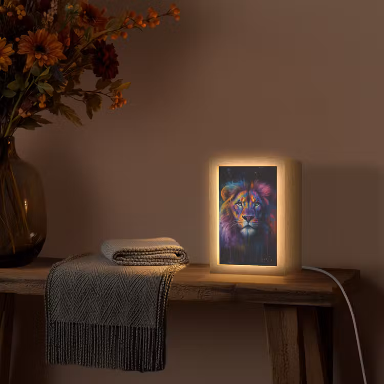 Leeuwenkop - Felgekleurd - Abstract Light Box met kabel (Tafellamp) klein -sfeer4