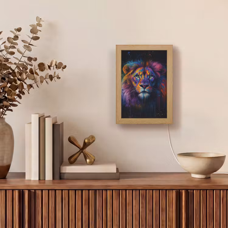 Leeuwenkop - Felgekleurd - Abstract Light Box met kabel (Tafellamp) klein -sfeer2