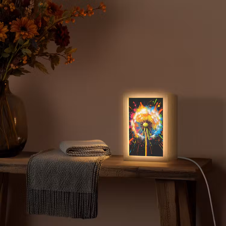 Paardenbloem - Graffiti - Kleurrijk - Bloemen - Natuur Light Box met kabel (Tafellamp) klein -sfeer4