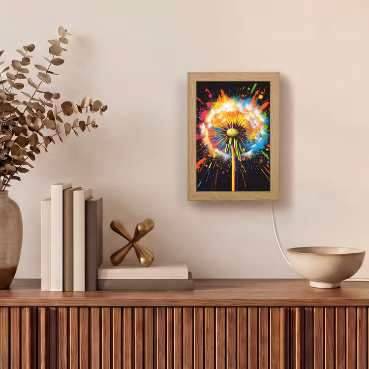 Paardenbloem - Graffiti - Kleurrijk - Bloemen - Natuur Light Box met kabel (Tafellamp) klein -sfeer2