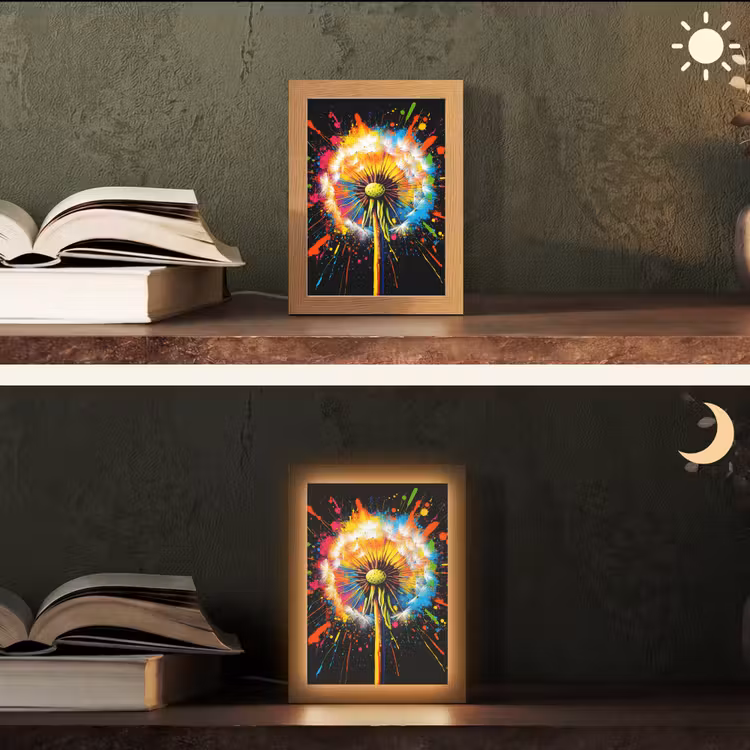 Paardenbloem - Graffiti - Kleurrijk - Bloemen - Natuur Light Box met kabel (Tafellamp) klein -sfeer3
