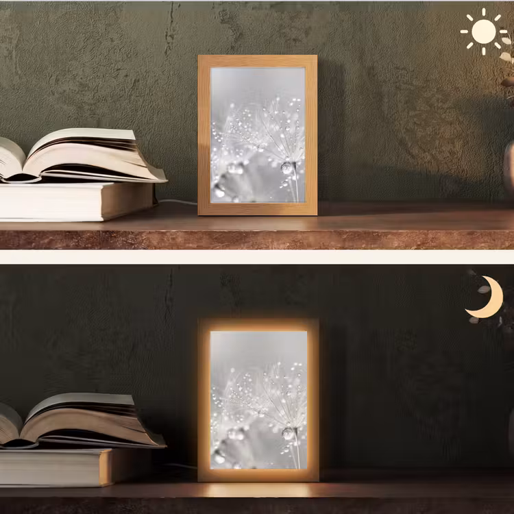 Paardenbloem - Waterdruppels - Stilleven - Modern Light Box met kabel (Tafellamp) klein -sfeer3
