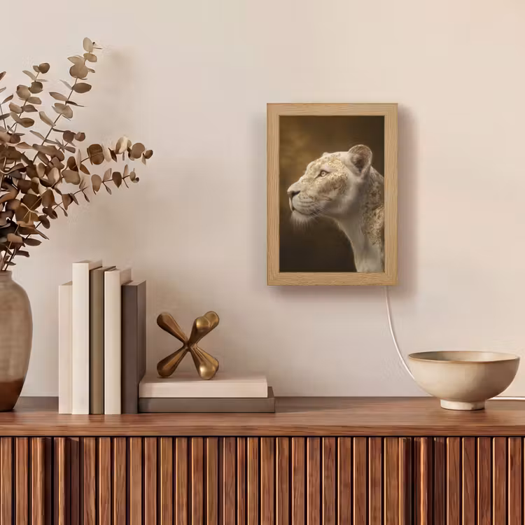 Leeuwin - Bloemen - Wit - Goud Light Box met kabel (Tafellamp) klein -sfeer2