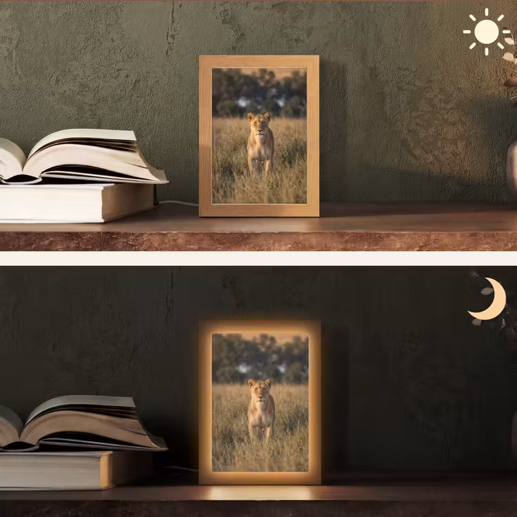 Leeuwin - Gras - Geel Light Box met kabel (Tafellamp) klein -sfeer3