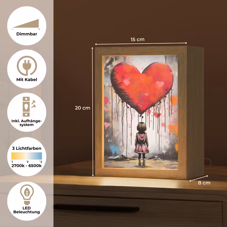 Meisje - Hart - Graffiti - Kunst - Kleuren - Rood Light Box met kabel (Tafellamp) klein -USP_DE