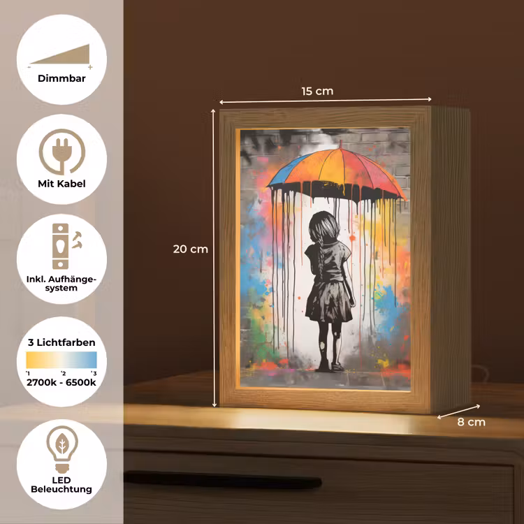 Meisje - Kunst - Paraplu - Graffiti - Kleuren - Muur Light Box met kabel (Tafellamp) klein -USP_DE