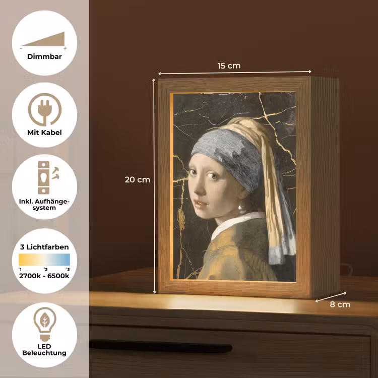 Meisje met de parel - Johannes Vermeer - Goud Light Box met kabel (Tafellamp) klein -USP_DE