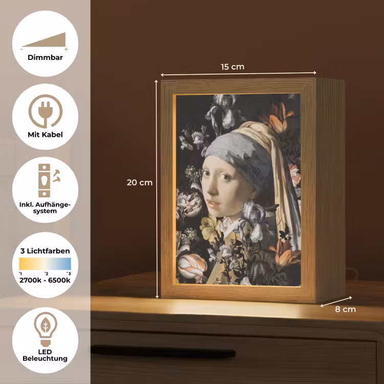 Meisje met de parel - Johannes Vermeer - Bloemen Light Box met kabel (Tafellamp) klein -USP_DE