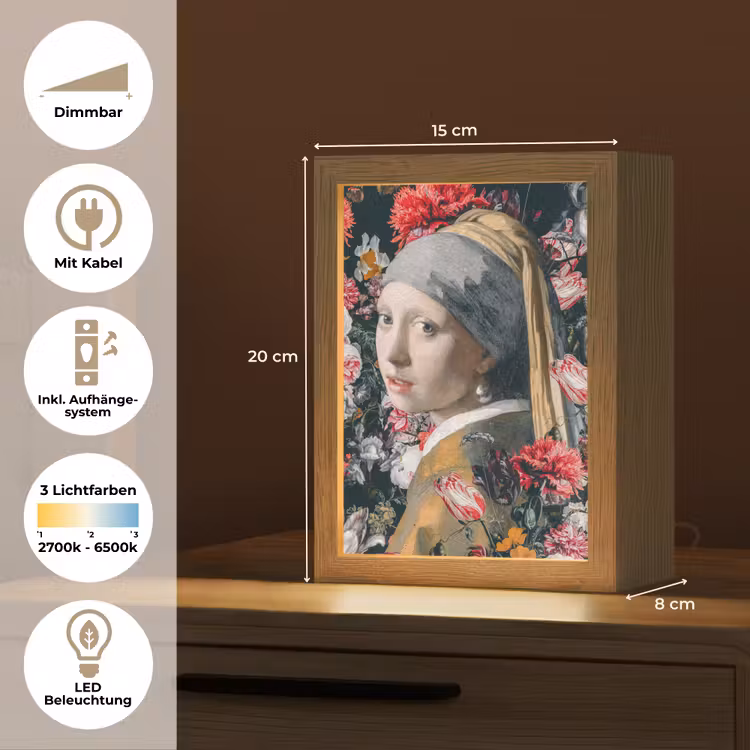 Meisje met de parel - Johannes Vermeer - Bloemen Light Box met kabel (Tafellamp) klein -USP_DE