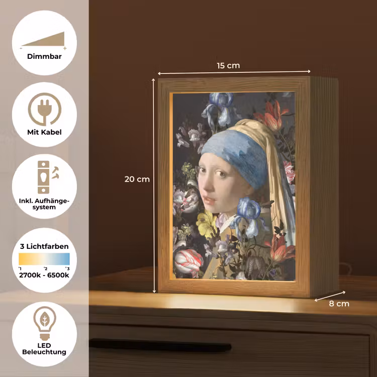 Meisje met de parel - Johannes Vermeer - Bloemen Light Box met kabel (Tafellamp) klein -USP_DE
