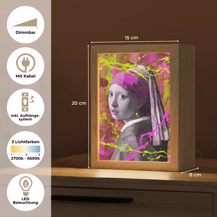 Meisje met de parel - Johannes Vermeer - Neon Light Box met kabel (Tafellamp) klein -USP_DE