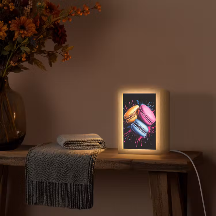Macarons - Dessert - Graffiti - Kleurrijk - Roze - Blauw - Geel Light Box met kabel (Tafellamp) klein -sfeer4