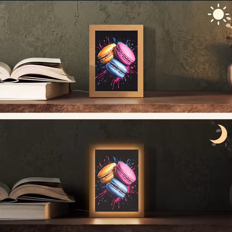 Macarons - Dessert - Graffiti - Kleurrijk - Roze - Blauw - Geel Light Box met kabel (Tafellamp) klein -sfeer3