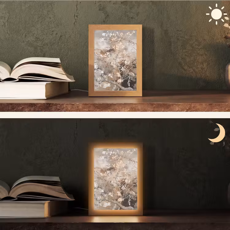 Amandelbloesem - Kunst - Van Gogh - Beige - Abstract Light Box met kabel (Tafellamp) klein -sfeer3