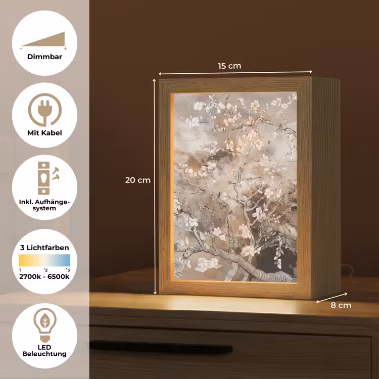 Amandelbloesem - Kunst - Van Gogh - Beige - Abstract Light Box met kabel (Tafellamp) klein -USP_DE