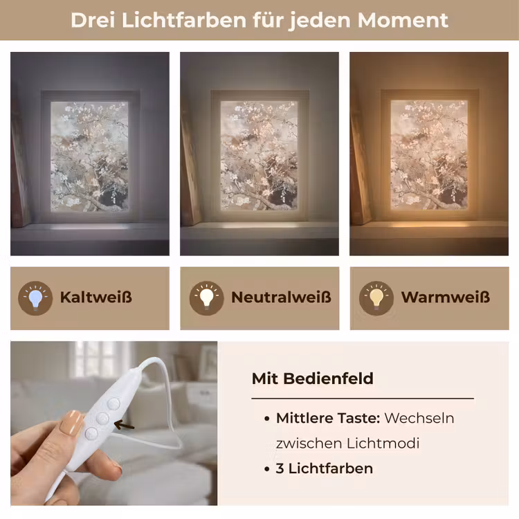 Amandelbloesem - Kunst - Van Gogh - Beige - Abstract Light Box met kabel (Tafellamp) klein -USP_lichtkleurDE