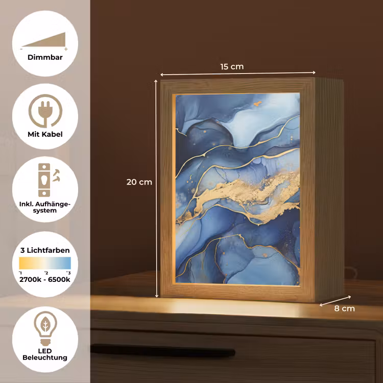 Marmer - Blauw - Goud - Abstract Light Box met kabel (Tafellamp) klein -USP_DE