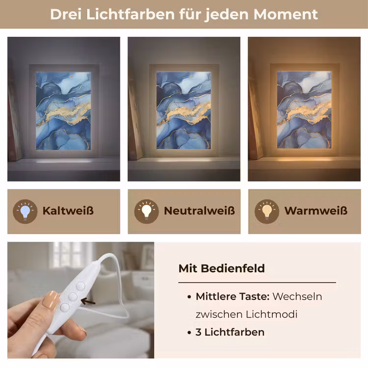 Marmer - Blauw - Goud - Abstract Light Box met kabel (Tafellamp) klein -USP_lichtkleurDE