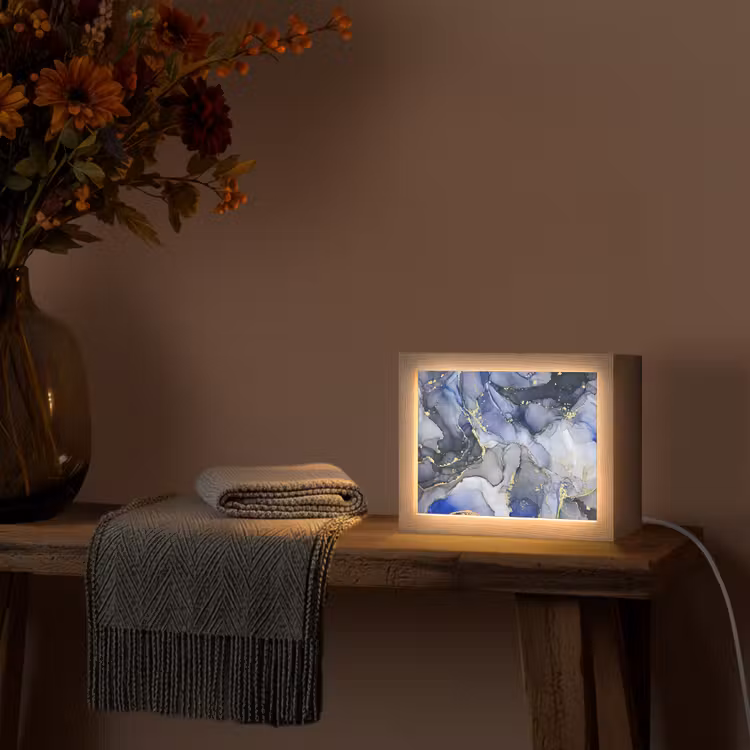 Marmer - Goud - Abstract - Blauw Light Box met kabel (Tafellamp) klein -sfeer4