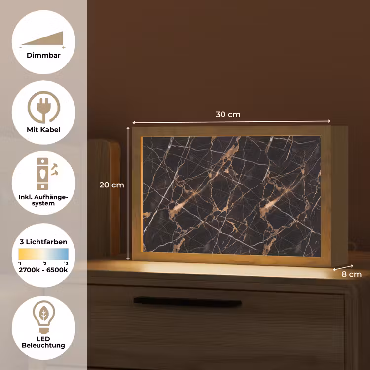 Marmer - Goud - Abstract - Zwart Light Box met kabel (Tafellamp) klein -USP_DE