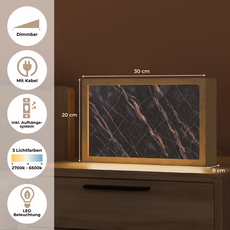 Marmer - Goud - Patroon - Luxe - Zwart Light Box met kabel (Tafellamp) klein -USP_DE