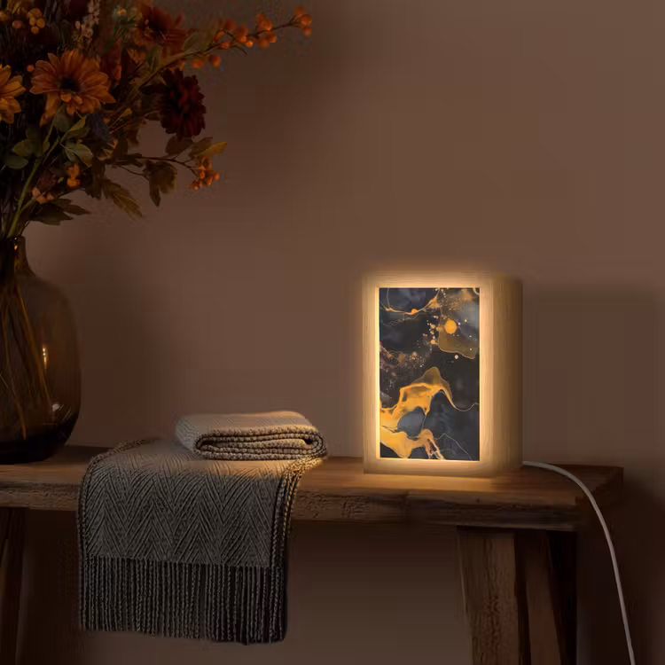 Marmer - Goud - Zwart - Abstract - Modern Light Box met kabel (Tafellamp) klein -sfeer4