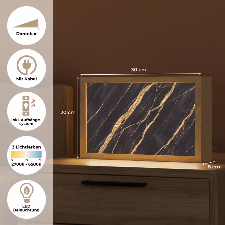 Marmer - Goud - Textuur - Abstract - Zwart Light Box met kabel (Tafellamp) klein -USP_DE