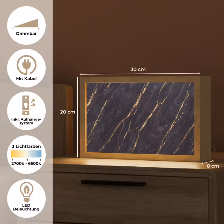 Marmer - Gouden aders - Abstract - Zwart Light Box met kabel (Tafellamp) klein -USP_DE