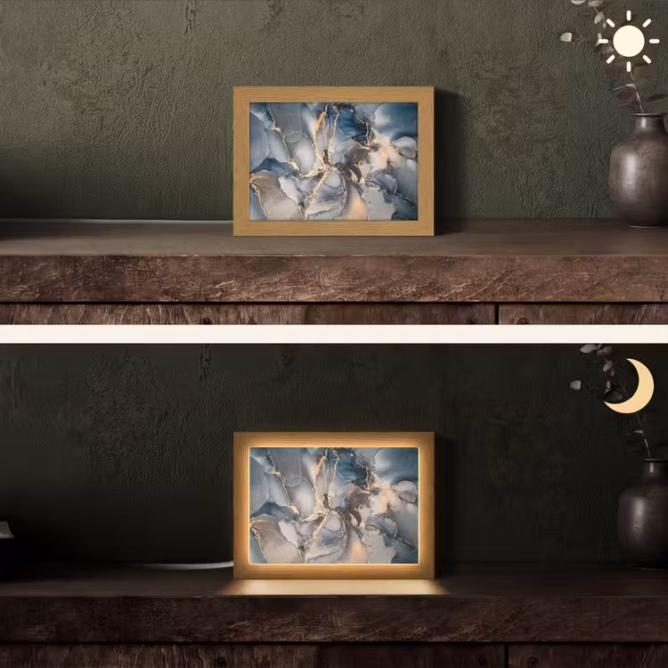 Marmer - Grijs - Blauw - Luxe - Goud Light Box met kabel (Tafellamp) klein -sfeer3