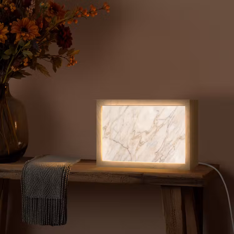 Marmer - Ader - Abstract - Wit - Goud Light Box met kabel (Tafellamp) klein -sfeer4