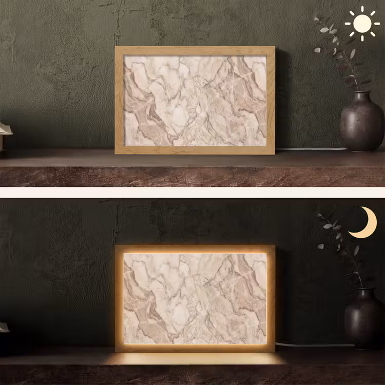Marmer - Aderen - Textuur - Beige - Modern Light Box met kabel (Tafellamp) klein -sfeer3