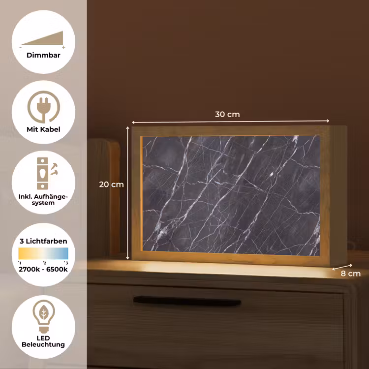Marmer - Patroon - Modern - Zwart - Wit Light Box met kabel (Tafellamp) klein -USP_DE