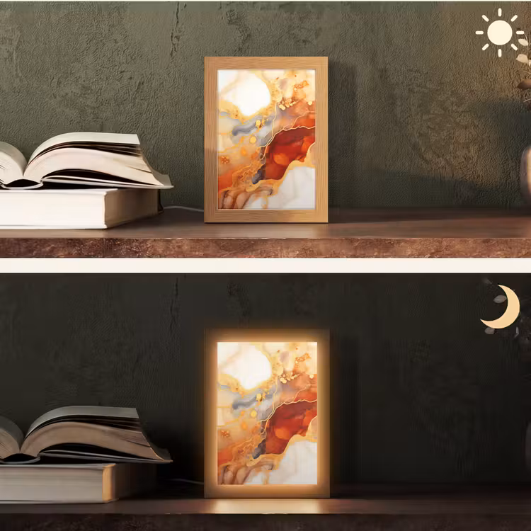 Marmer - Oranje - Goud - Modern - Abstract Light Box met kabel (Tafellamp) klein -sfeer3