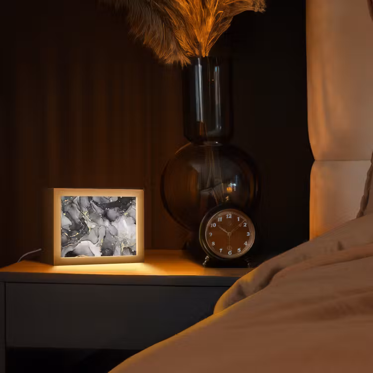 Marmer - Zwart - Goud - Grijs Light Box met kabel (Tafellamp) klein -sfeer1