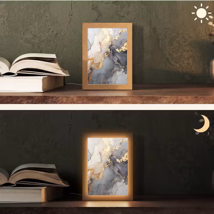 Marmer - Zwart - Goud - Wit Light Box met kabel (Tafellamp) klein -sfeer3