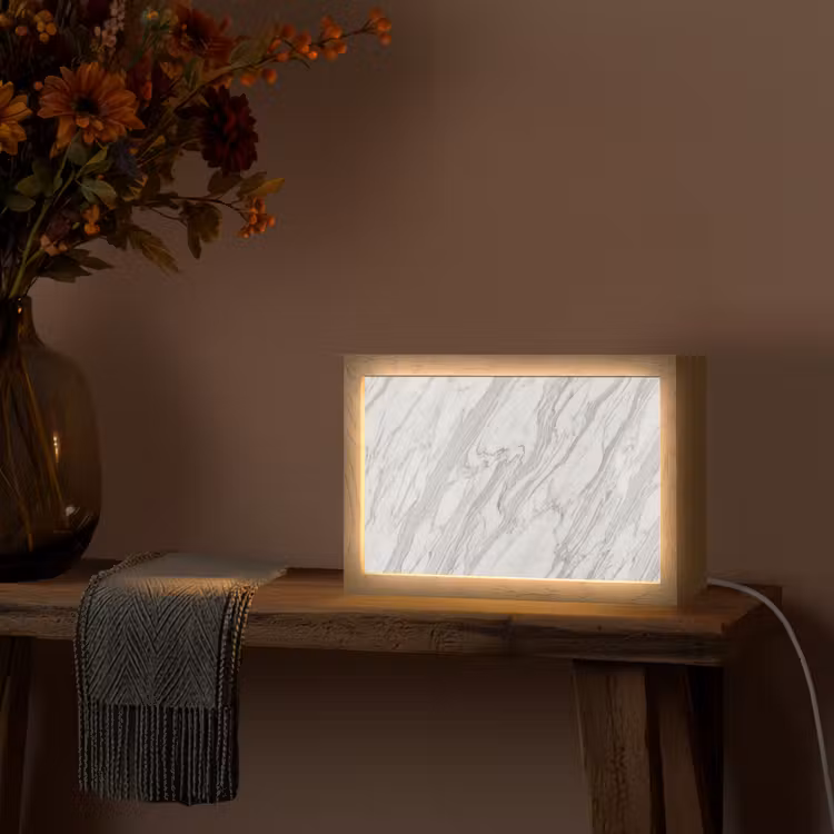 Marmer - Wit - Grijs - Structuur - Modern Light Box met kabel (Tafellamp) klein -sfeer4