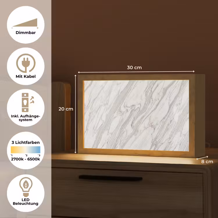 Marmer - Wit - Grijs - Structuur - Modern Light Box met kabel (Tafellamp) klein -USP_DE