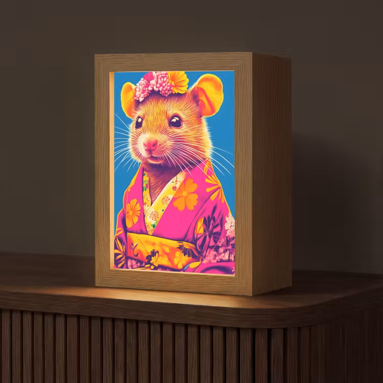 Muis - Kimono - Bloemen - Blauw Light Box met kabel (Tafellamp) klein -z3d_website