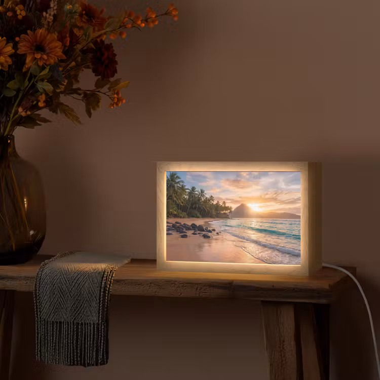 Zee - Berg - Landschap - Tropisch - Goud Light Box met kabel (Tafellamp) klein -sfeer4