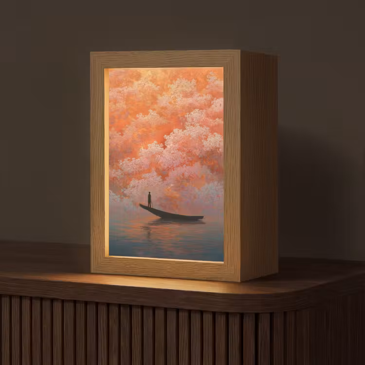 Zee - Boot - Wolken - Oranje Light Box met kabel (Tafellamp) klein -z3d_website