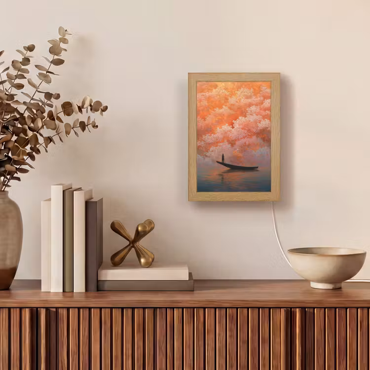 Zee - Boot - Wolken - Oranje Light Box met kabel (Tafellamp) klein -sfeer2