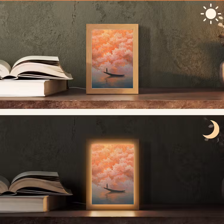 Zee - Boot - Wolken - Oranje Light Box met kabel (Tafellamp) klein -sfeer3