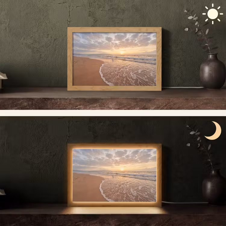 Zee - Kustlijn - Wolken - Landschap - Oranje Light Box met kabel (Tafellamp) klein -sfeer3