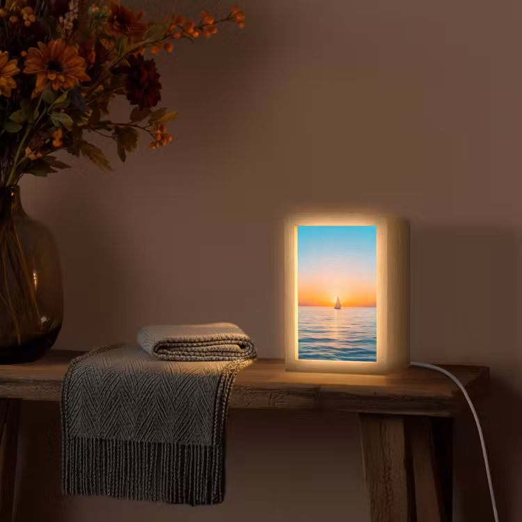 Zee - Zeilboot - Zonsondergang Light Box met kabel (Tafellamp) klein -sfeer4